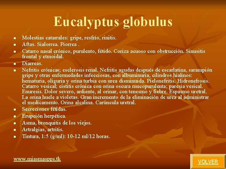 Eucalyptus globulus n n n n n Molestias catarrales: gripe, resfrío, rinitis. Aftas. Sialorrea. Eucalyptus globulus n n n n n Molestias catarrales: gripe, resfrío, rinitis. Aftas. Sialorrea.