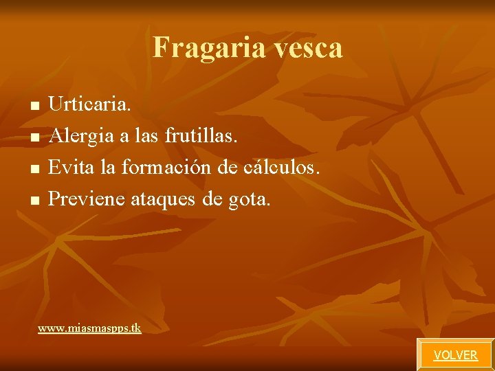 Fragaria vesca n n Urticaria. Alergia a las frutillas. Evita la formación de cálculos. Fragaria vesca n n Urticaria. Alergia a las frutillas. Evita la formación de cálculos.