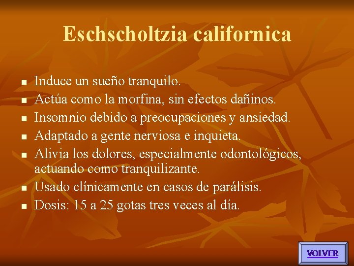 Eschscholtzia californica n n n n Induce un sueño tranquilo. Actúa como la morfina, Eschscholtzia californica n n n n Induce un sueño tranquilo. Actúa como la morfina,