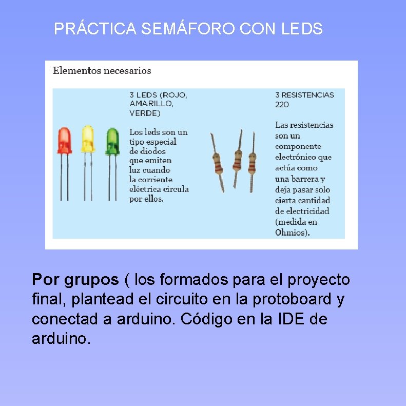  PRÁCTICA SEMÁFORO CON LEDS Por grupos ( los formados para el proyecto final,