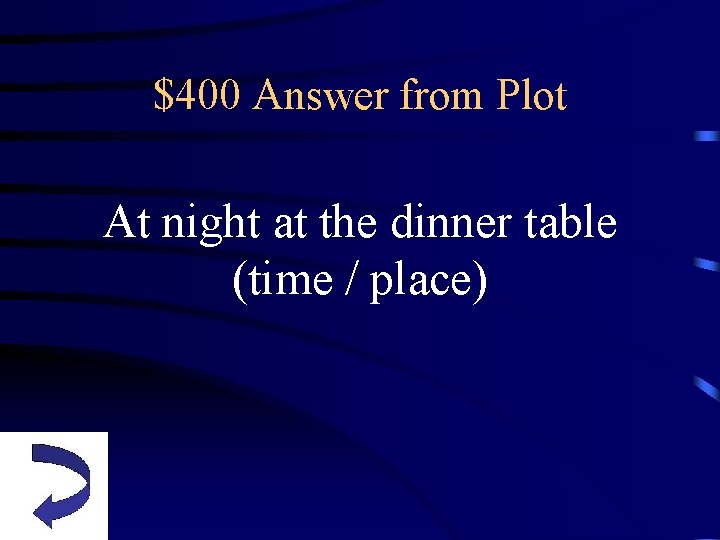 $400 Answer from Plot At night at the dinner table (time / place) 