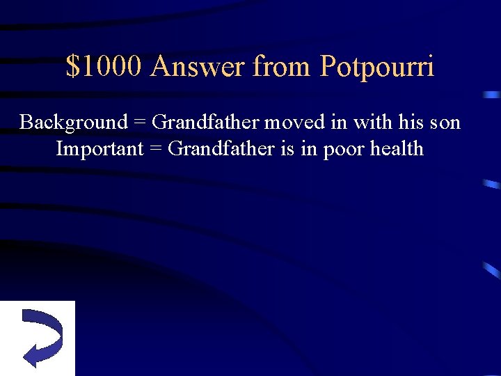 $1000 Answer from Potpourri Background = Grandfather moved in with his son Important =