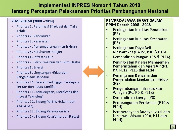 Implementasi INPRES Nomor 1 Tahun 2010 tentang Percepatan Pelaksanaan Prioritas Pembangunan Nasional PEMERINTAH (2009