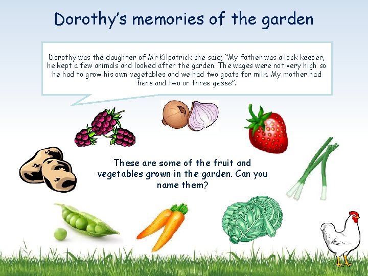 Dorothy’s memories of the garden Dorothy was the daughter of Mr Kilpatrick she said;