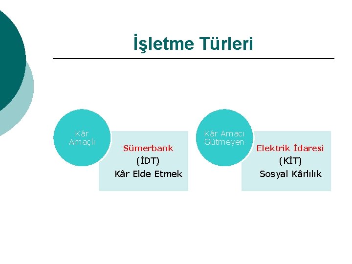 İşletme Türleri Kâr Amaçlı Sümerbank (İDT) Kâr Elde Etmek Kâr Amacı Gütmeyen Elektrik İdaresi