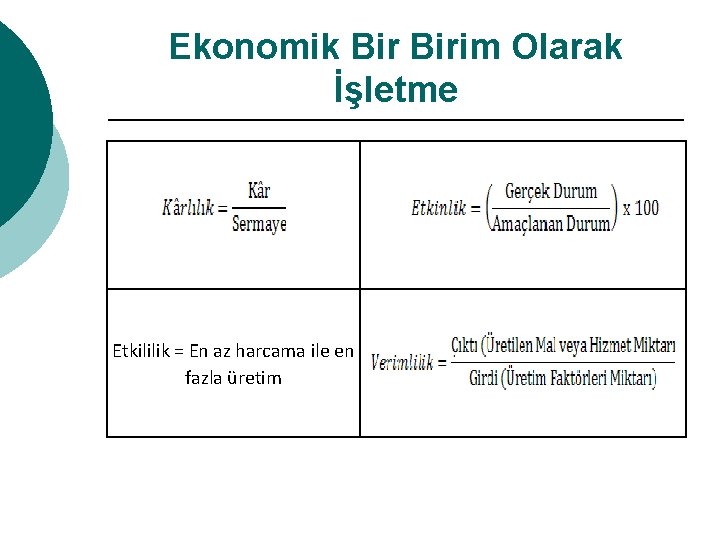 Ekonomik Birim Olarak İşletme Etkililik = En az harcama ile en fazla üretim 