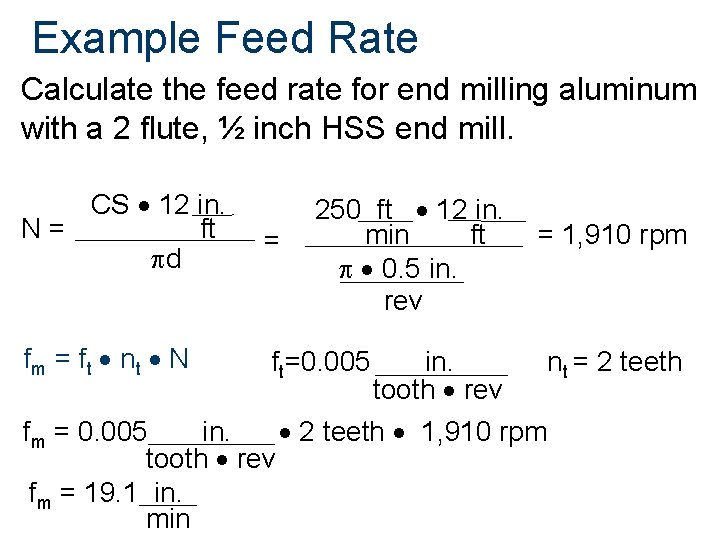 Example Feed Rate Calculate the feed rate for end milling aluminum with a 2
