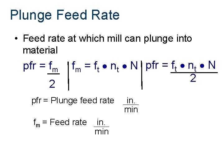 Plunge Feed Rate • Feed rate at which mill can plunge into material pfr