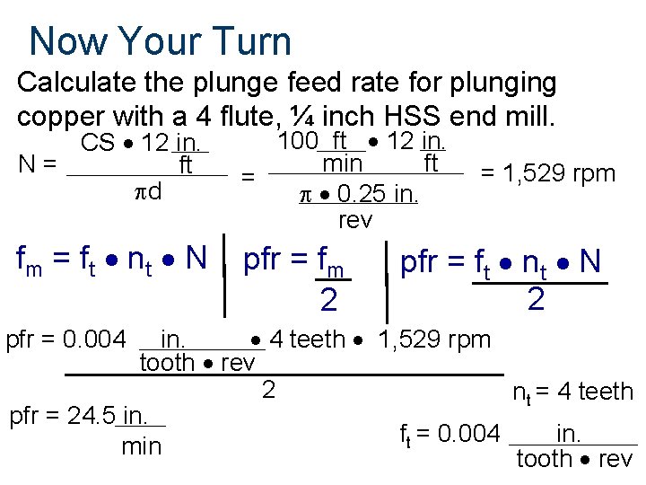 Now Your Turn Calculate the plunge feed rate for plunging copper with a 4