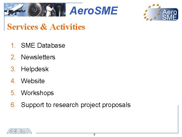 Aero. SME Services & Activities 1. SME Database 2. Newsletters 3. Helpdesk 4. Website