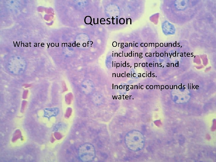 Question What are you made of? Organic compounds, including carbohydrates, lipids, proteins, and nucleic