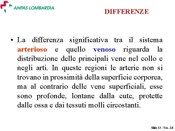 DIFFERENZE • La differenza significativa tra il sistema arterioso e quello venoso riguarda la DIFFERENZE • La differenza significativa tra il sistema arterioso e quello venoso riguarda la