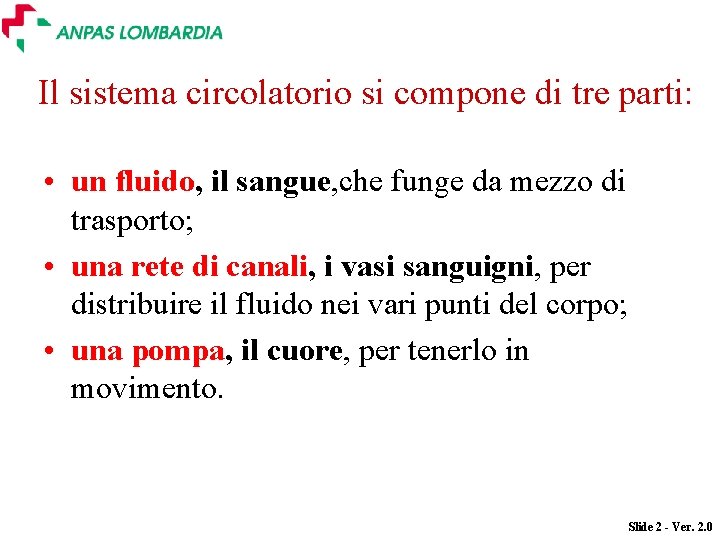 Il sistema circolatorio si compone di tre parti: • un fluido, il sangue, che Il sistema circolatorio si compone di tre parti: • un fluido, il sangue, che