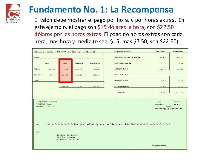 Fundamento No. 1: La Recompensa El talón debe mostrar el pago por hora, y