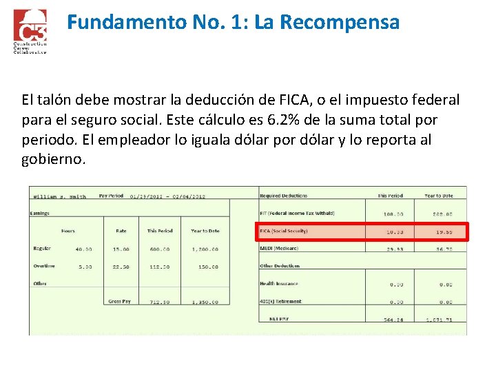 Fundamento No. 1: La Recompensa El talón debe mostrar la deducción de FICA, o