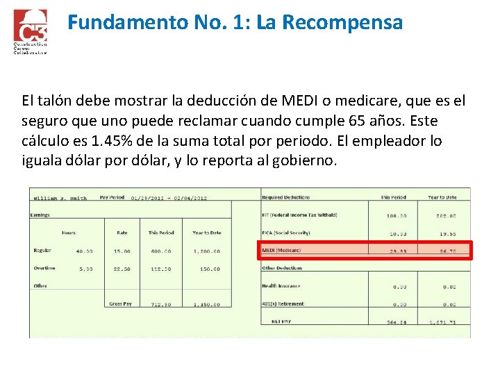 Fundamento No. 1: La Recompensa El talón debe mostrar la deducción de MEDI o