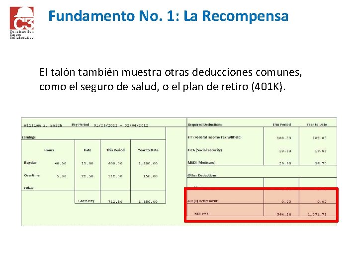 Fundamento No. 1: La Recompensa El talón también muestra otras deducciones comunes, como el