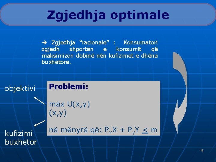 Zgjedhja optimale Zgjedhja “racionale” : Konsumatori zgjedh shportën e konsumit që maksimizon dobinë nën