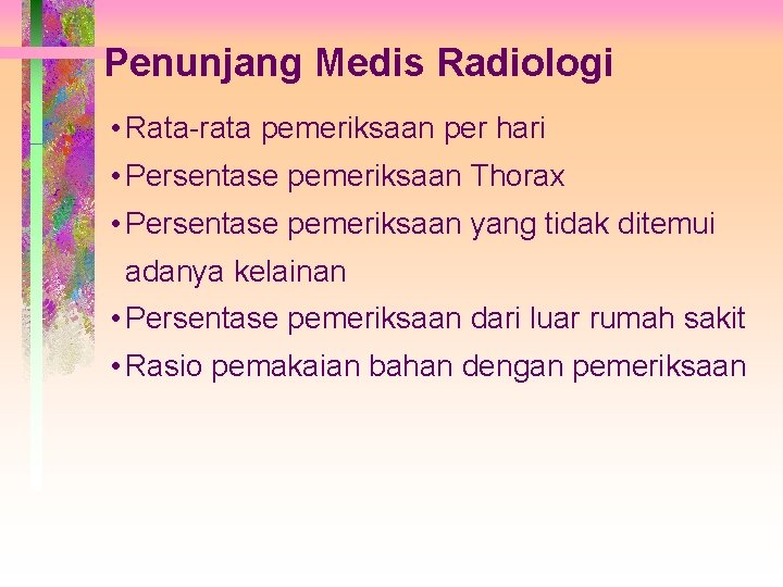 Penunjang Medis Radiologi • Rata-rata pemeriksaan per hari • Persentase pemeriksaan Thorax • Persentase