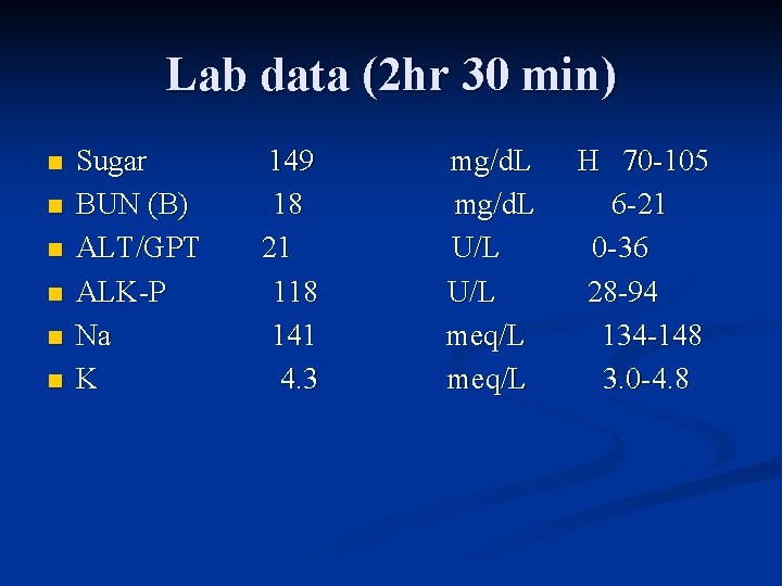 Lab data (2 hr 30 min) n n n Sugar 149 mg/d. L H