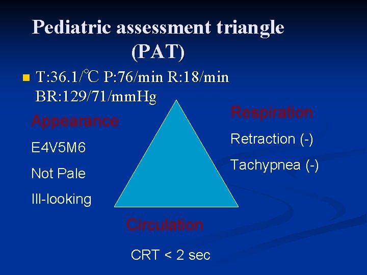 Pediatric assessment triangle (PAT) T: 36. 1/℃ P: 76/min R: 18/min BR: 129/71/mm. Hg