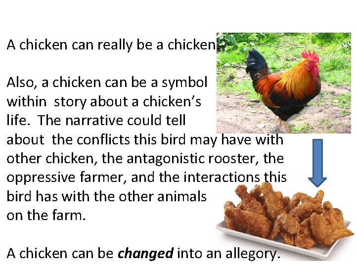 A chicken can really be a chicken. Also, a chicken can be a symbol