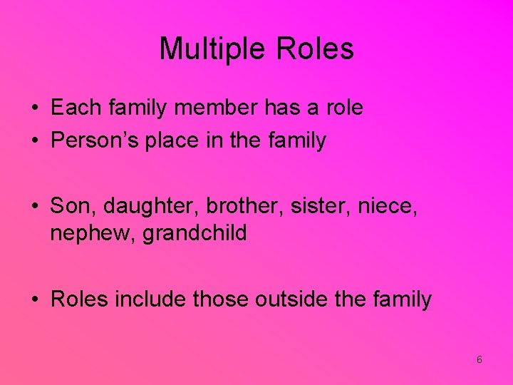 Multiple Roles • Each family member has a role • Person’s place in the