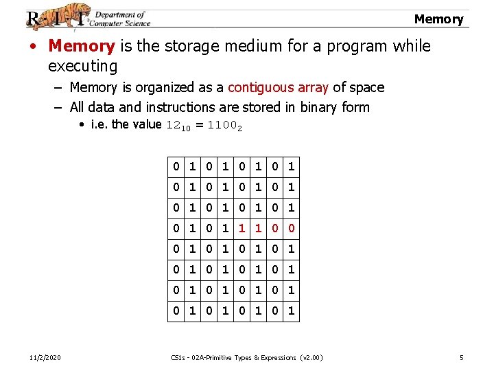 Memory • Memory is the storage medium for a program while executing – Memory