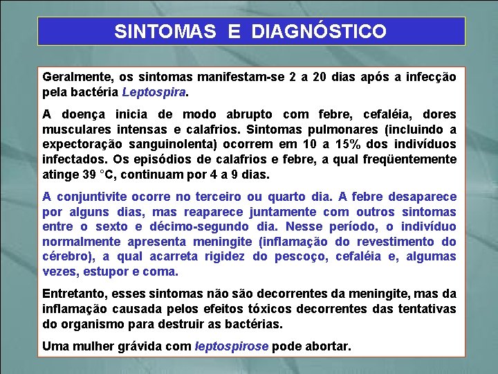 SINTOMAS E DIAGNÓSTICO Geralmente, os sintomas manifestam-se 2 a 20 dias após a infecção