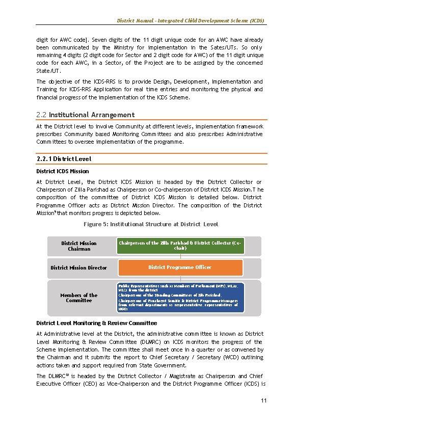 District Manual – Integrated Child Development Scheme (ICDS) digit for AWC code]. Seven digits