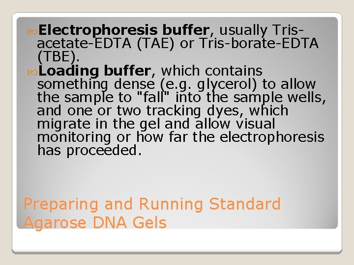  Electrophoresis buffer, usually Trisacetate-EDTA (TAE) or Tris-borate-EDTA (TBE). Loading buffer, which contains something