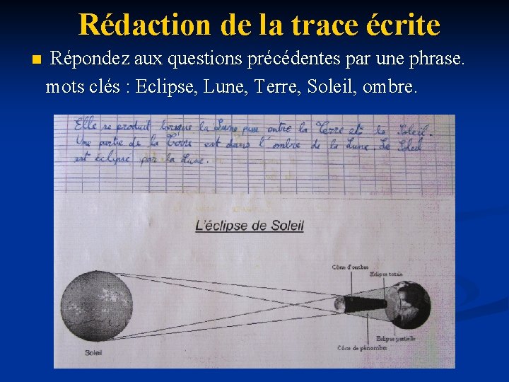 Rédaction de la trace écrite Répondez aux questions précédentes par une phrase. mots clés