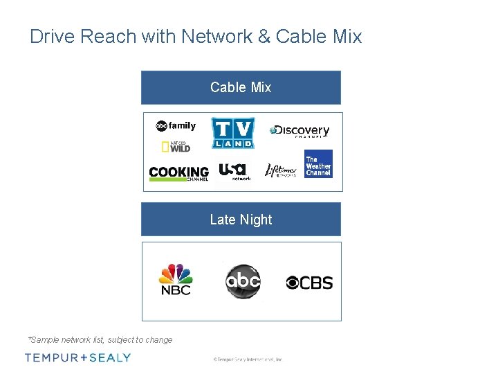 Drive Reach with Network & Cable Mix Late Night *Sample network list, subject to
