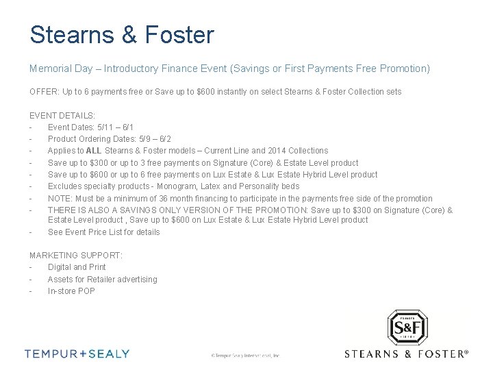 Stearns & Foster Memorial Day – Introductory Finance Event (Savings or First Payments Free