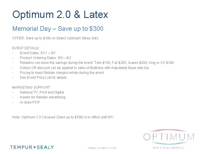 Optimum 2. 0 & Latex Memorial Day – Save up to $300 OFFER: Save