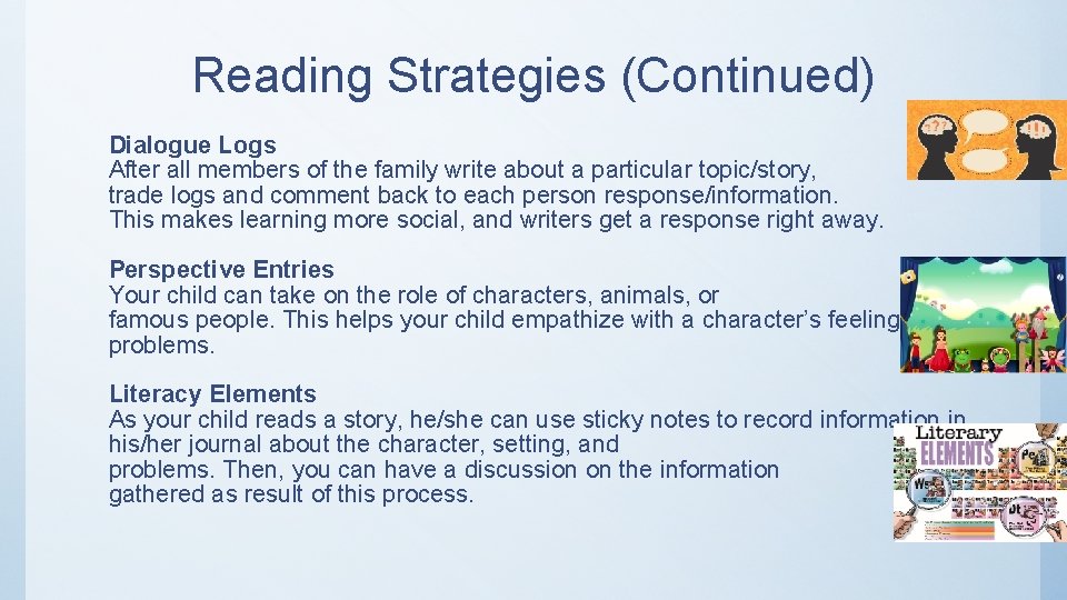 Reading Strategies (Continued) Dialogue Logs After all members of the family write about a