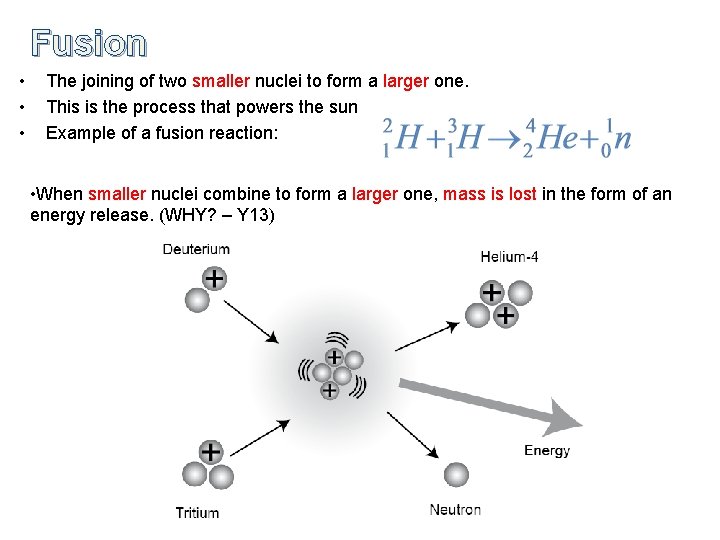 Fusion • • • The joining of two smaller nuclei to form a larger Fusion • • • The joining of two smaller nuclei to form a larger