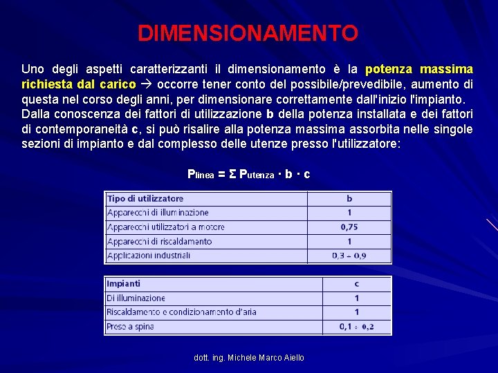 DIMENSIONAMENTO Uno degli aspetti caratterizzanti il dimensionamento è la potenza massima richiesta dal carico