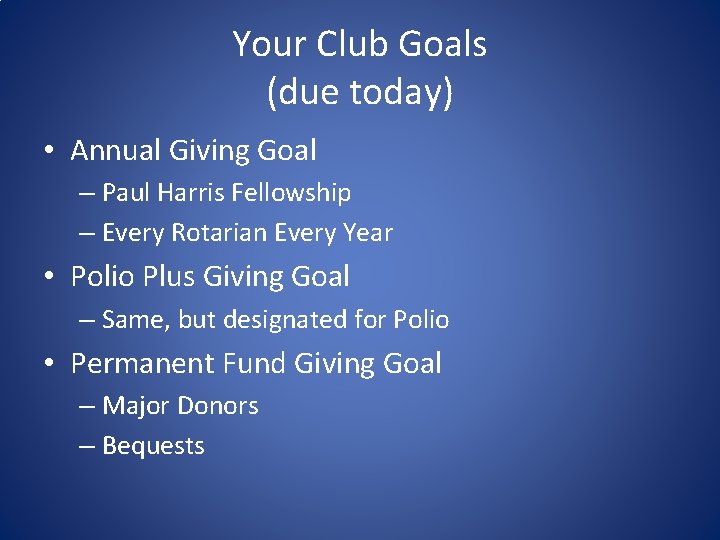 Your Club Goals (due today) • Annual Giving Goal – Paul Harris Fellowship – Your Club Goals (due today) • Annual Giving Goal – Paul Harris Fellowship –