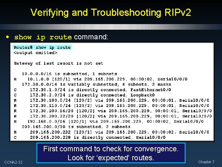 Verifying and Troubleshooting RIPv 2 • show ip route command: CCNA 2 -32 First
