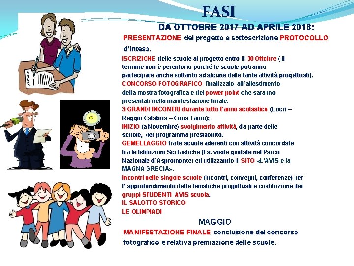 FASI DA OTTOBRE 2017 AD APRILE 2018: PRESENTAZIONE del progetto e sottoscrizione PROTOCOLLO d’intesa. FASI DA OTTOBRE 2017 AD APRILE 2018: PRESENTAZIONE del progetto e sottoscrizione PROTOCOLLO d’intesa.