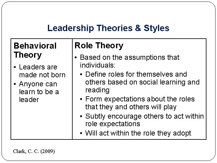 Leadership Theories & Styles Behavioral Theory • Leaders are made not born • Anyone