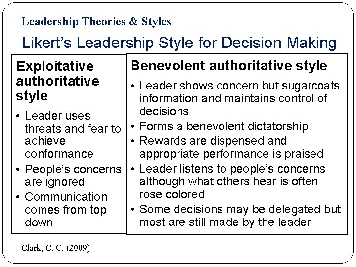 Leadership Theories & Styles Likert’s Leadership Style for Decision Making Exploitative authoritative style Benevolent