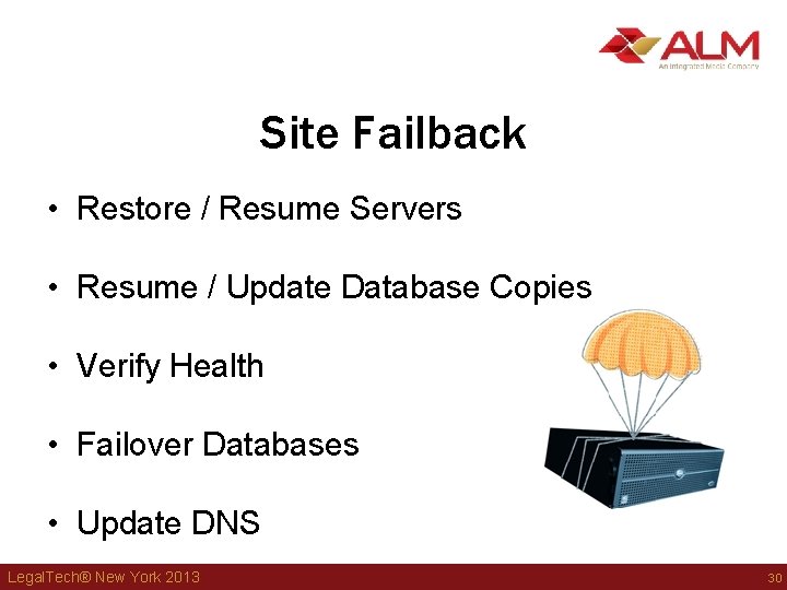 Site Failback • Restore / Resume Servers • Resume / Update Database Copies • Site Failback • Restore / Resume Servers • Resume / Update Database Copies •