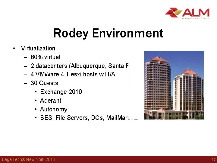 Rodey Environment • Virtualization – 80% virtual – 2 datacenters (Albuquerque, Santa Fe) – Rodey Environment • Virtualization – 80% virtual – 2 datacenters (Albuquerque, Santa Fe) –