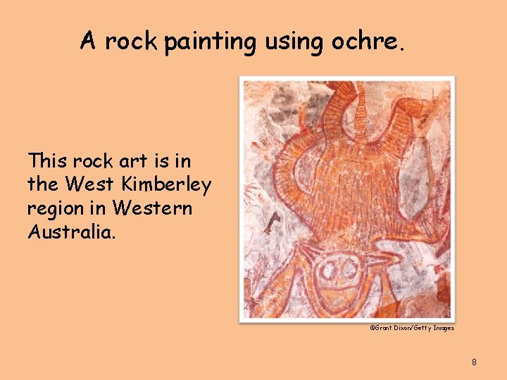 A rock painting using ochre. This rock art is in the West Kimberley region