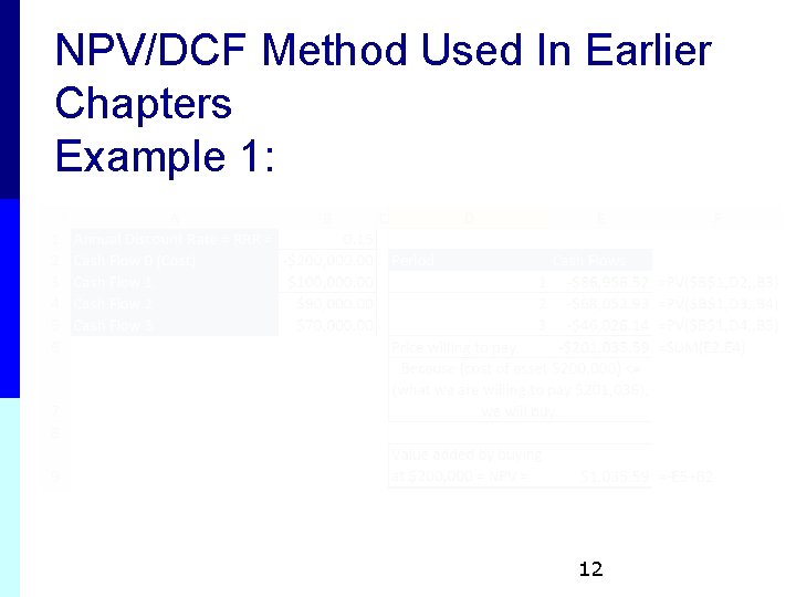 NPV/DCF Method Used In Earlier Chapters Example 1: 12 NPV/DCF Method Used In Earlier Chapters Example 1: 12