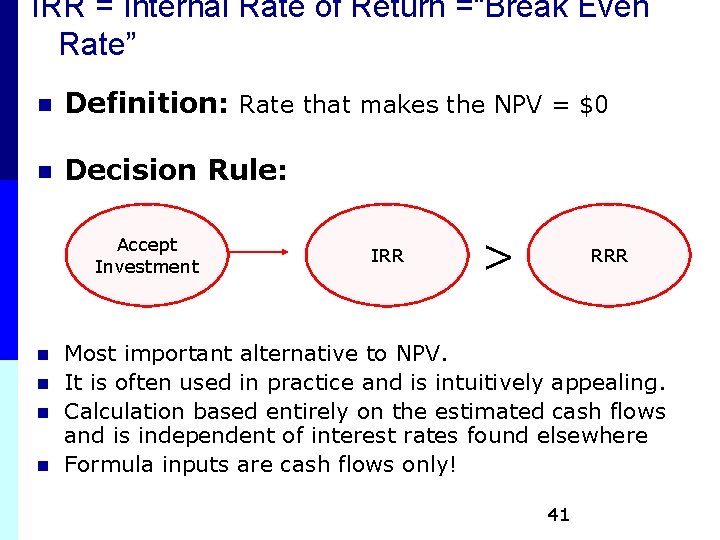 IRR = Internal Rate of Return =“Break Even Rate” n Definition: Rate that makes IRR = Internal Rate of Return =“Break Even Rate” n Definition: Rate that makes