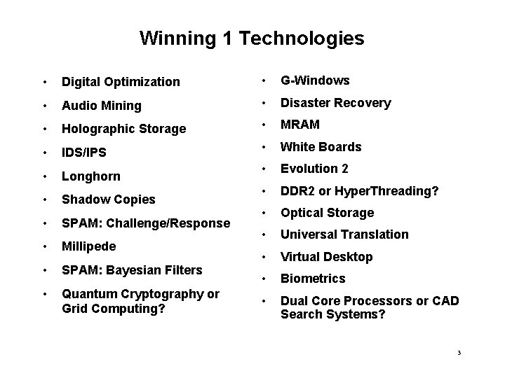 Winning 1 Technologies • Digital Optimization • G-Windows • Audio Mining • Disaster Recovery