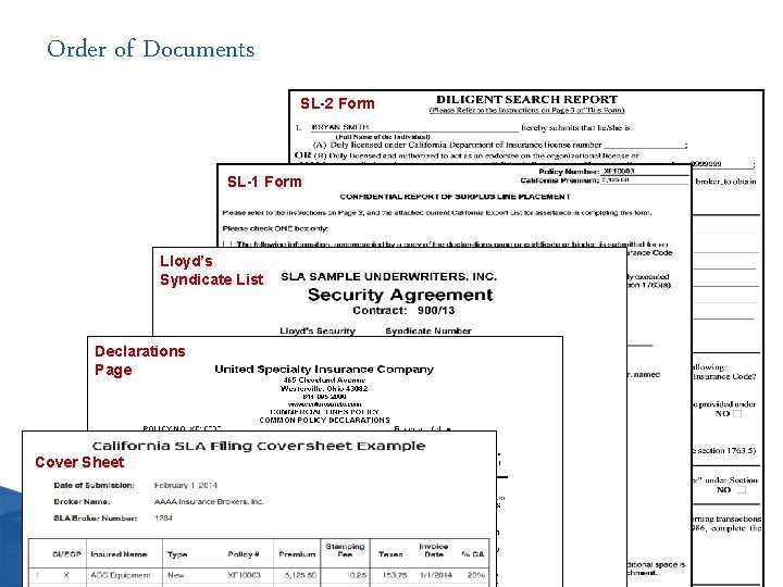 Order of Documents SL-2 Form SL-1 Form Lloyd’s Syndicate List Declarations Page Cover Sheet